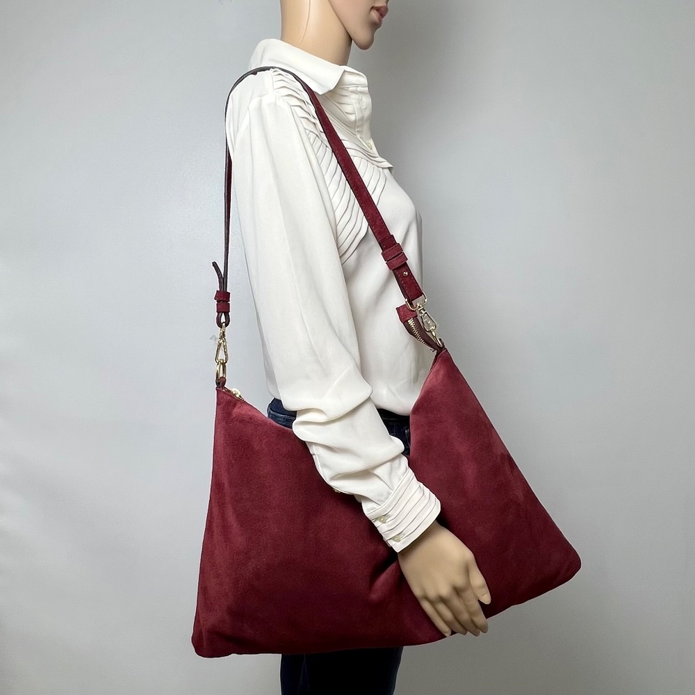 Suede Hobo Bag Slouchy Messenger Shoulder/Crossbody in Burgundy Made in Italy